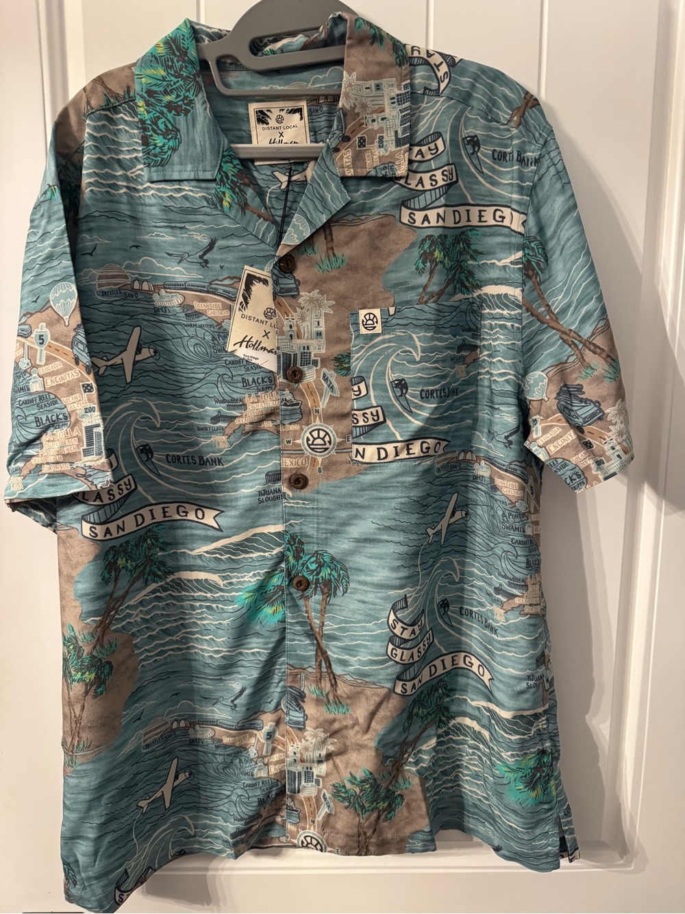 San Diego Map Print Camp Shirt - Teal & Brown